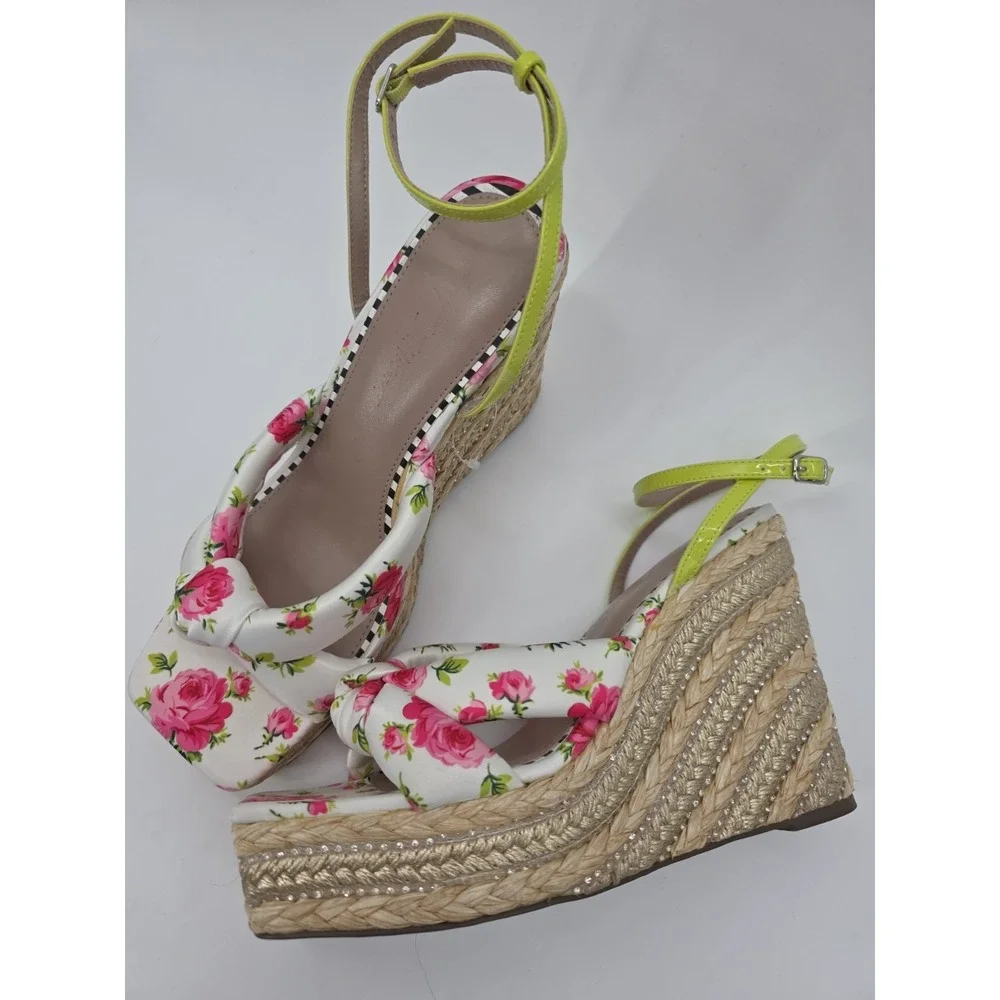 Betsey Johnson Floral Rose Satin Bow Espadrille Wedge Sandals Size 11